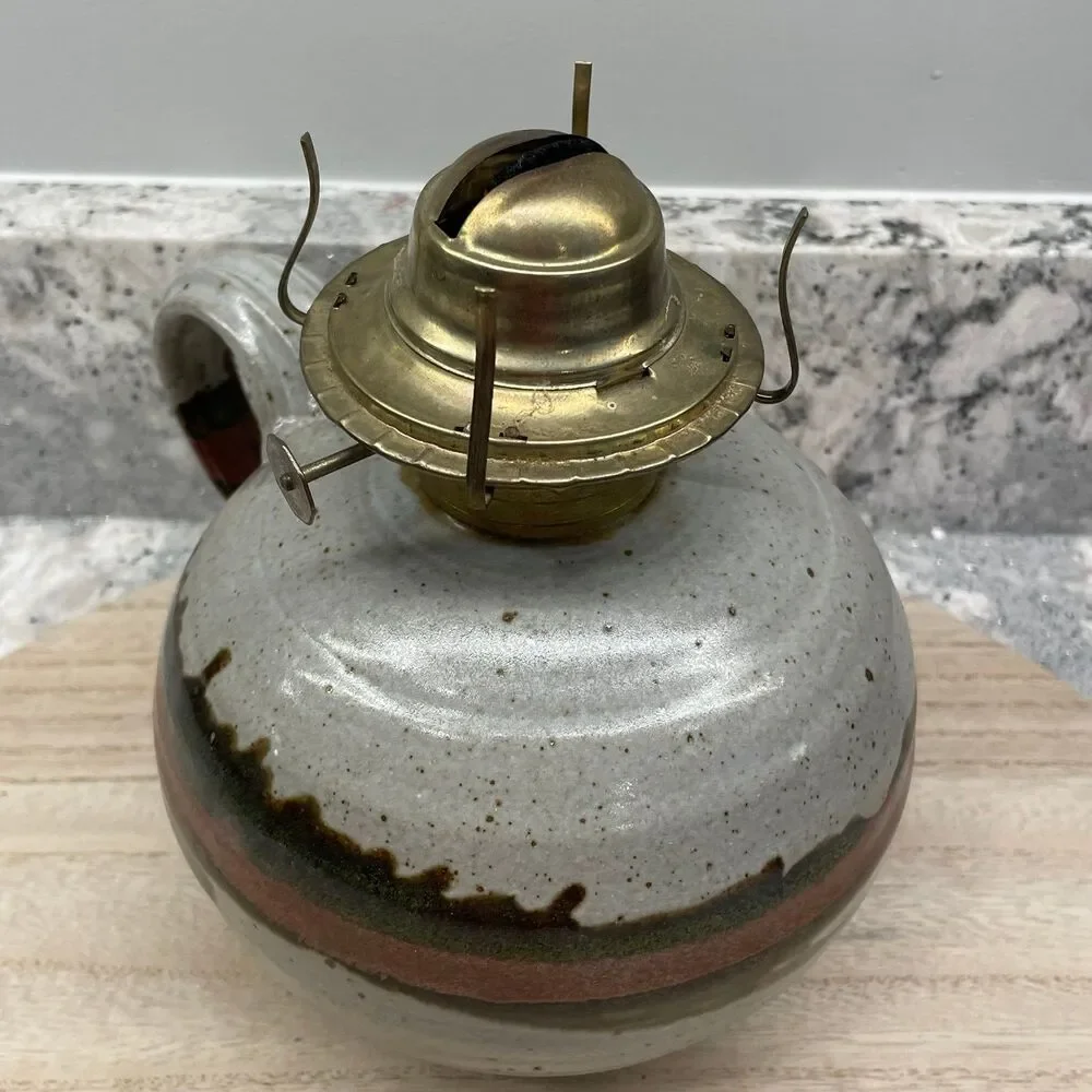 Vintage Studio Art Pottery Brass Oil Lamp Round Base Handle & Wick Artist Signed
